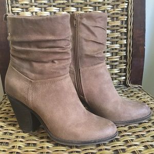Fergalicious "Wealthy" Slouchy Tan Heeled Bootie 8